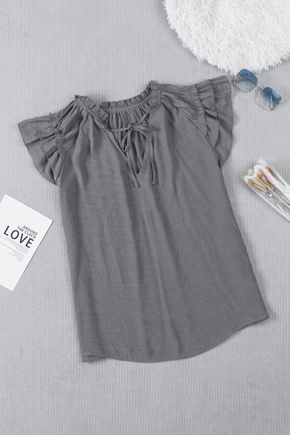 Women's Gray Tiered Ruffled V Neck Top