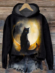 Black Cat Lunar Eclipse Graphic Comfy Hoodie
