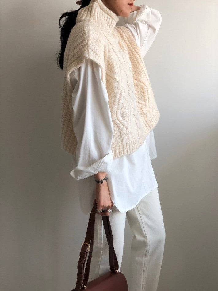Vintage turtleneck hemp pattern loose knit sweater vest