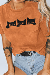 Short Sleeve Halloween Cat Print T-Shirt
