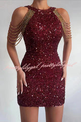 Looking At The Glamorous View Sequin Tassel Shoulder Cocktail Mini Dress