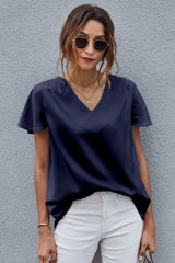 Women's Dark Blue V Neck Short Sleeve Tee
