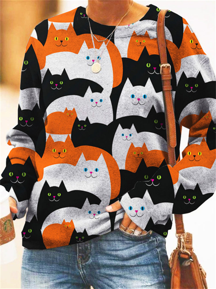 Halloween Cat Crowd Print Crew Neck Sweatshirt