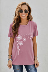 Women's Pink Crew Neck Dandelion Print Short Sleeve T-shirt
