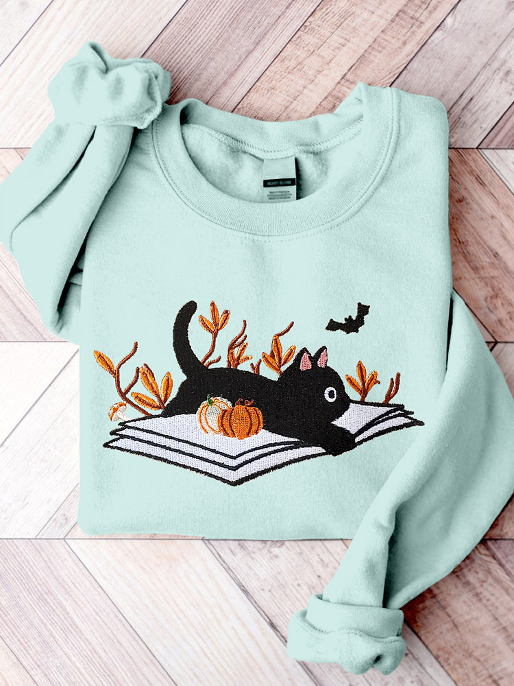 Halloween Cat Embroidered Crew Neck Comfy Sweatshirt