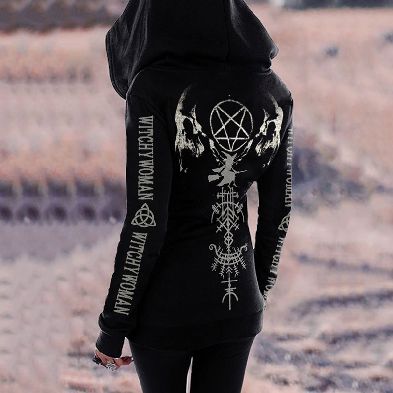 Women's Witch Tribal Ethnic Pattern Art Zipper Hoodie