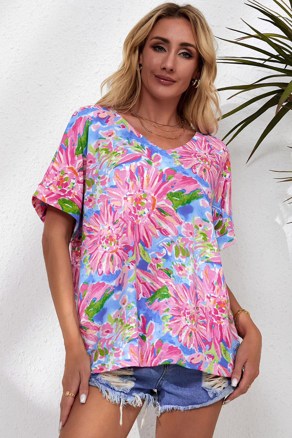 Women's Pink Floral Print V Neck T Shirt