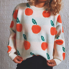 Orange Jacquard Casual Round Neck Sweater