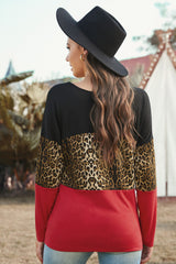 Women's Burgundy Black Colorblock Leopard Patchwork Long Sleeve Top