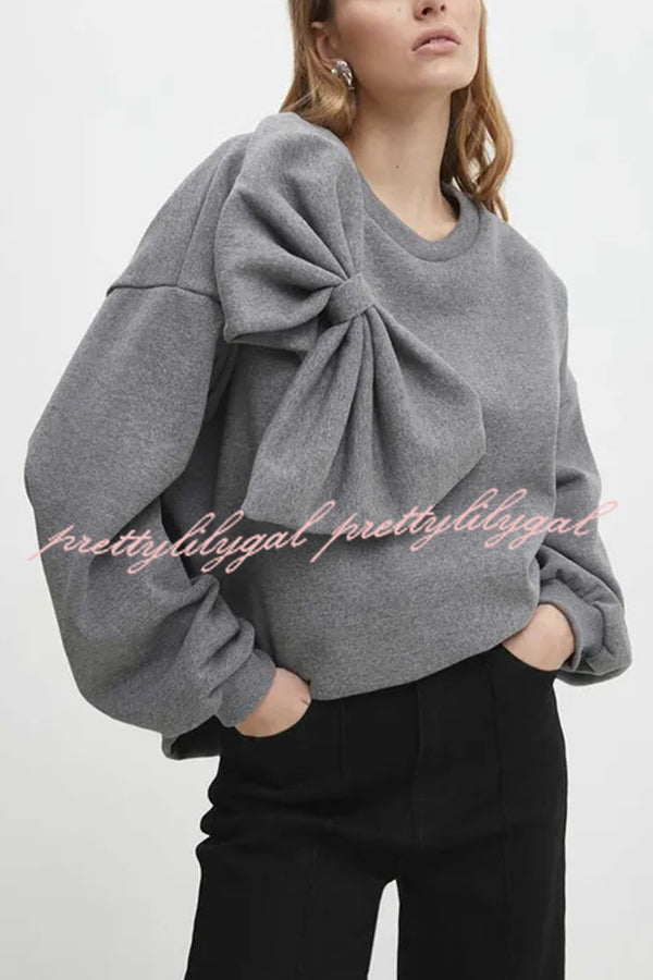 Solid Color Round Neck Long Sleeve Bow Loose Sweatshirts