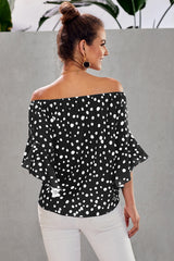Women's Black Polka Dot 3/4 Bell Sleeve Front Tie Knot Off Shoulder Top