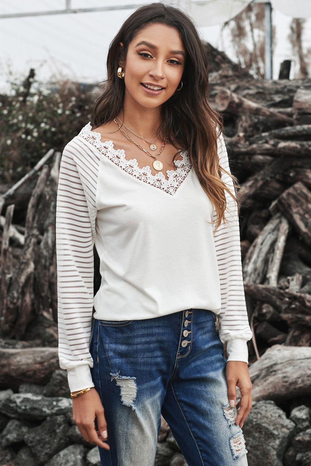 Women's Chic White Deep V-neck Lace Stripe Long Sleeve Top