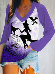 Halloween Witch Black Cat Print V Neck T Shirt