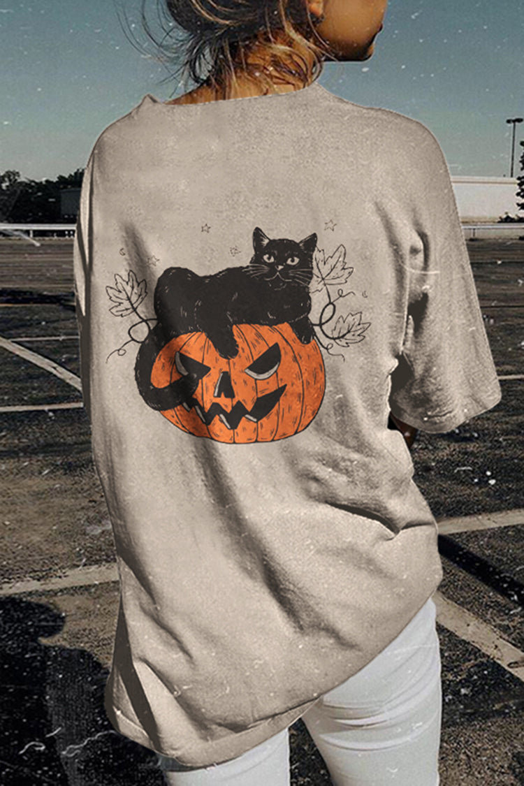 Halloween Pumpkin Cat Print T-Shirt