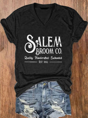 Salem Broom Co Quality Handcrafted Enchanted Est 1692 Print V Neck T Shirt