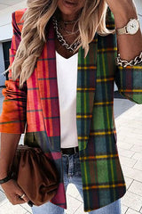 Stylish Contrasting Check Print Casual Blazer