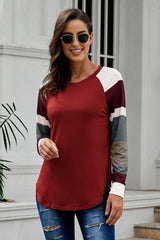 Women's Color Block Long Sleeves Burgundy Pullover Top