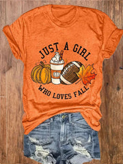 Just A Girl Who Loves Fall Pumpkin Maple Leaf Autumn Print T-Shirt