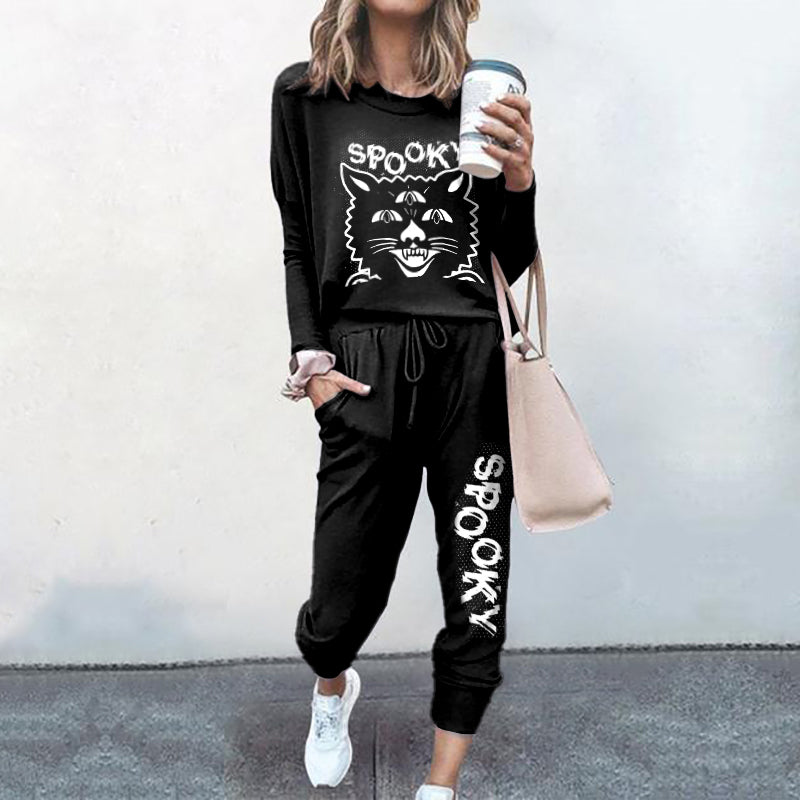Spooky Cat Print T-Shirt Two Piece Set
