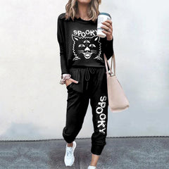 Spooky Cat Print T-Shirt Two Piece Set