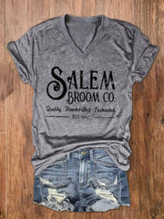 Salem Broom Co Quality Handcrafted Enchanted Est 1692 Print V Neck T Shirt