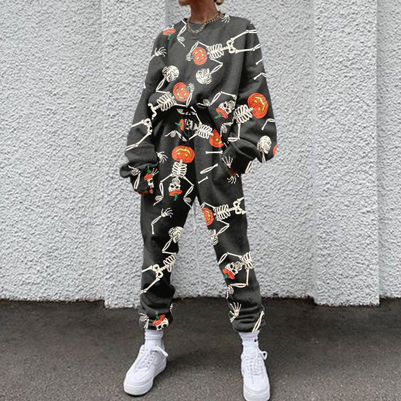Casual Skull Pumpkin Print Two Piece Set