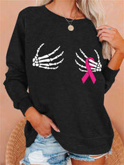 Skull Hand Pink Ribbon Print Crew Neck Sweatshirt