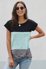Women's Casual Green Color Block Twist Short Sleeve Tee