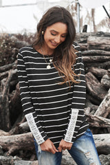 Women's Black White Striped Lace Button Detail Long Sleeve Top
