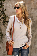 Women's Chic Beige Crochet Lace Hem Sleeve Button Top
