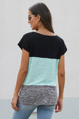 Women's Casual Green Color Block Twist Short Sleeve Tee