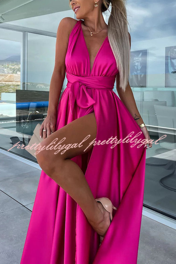 Different Elegant Effects Satin Free Tie Neck Slit Maxi Dress