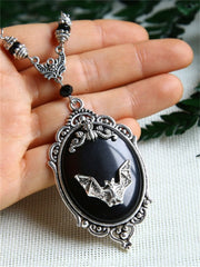 Vintage Bat Carved Black Stone Necklace