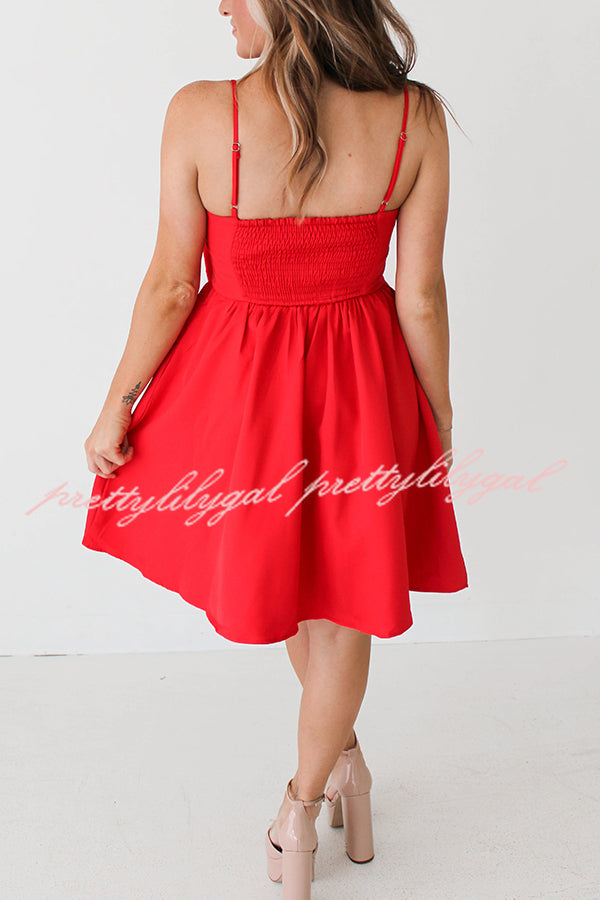 Date Night Bow Design Pocketed Back Smocked Slip Babydoll Mini Dress