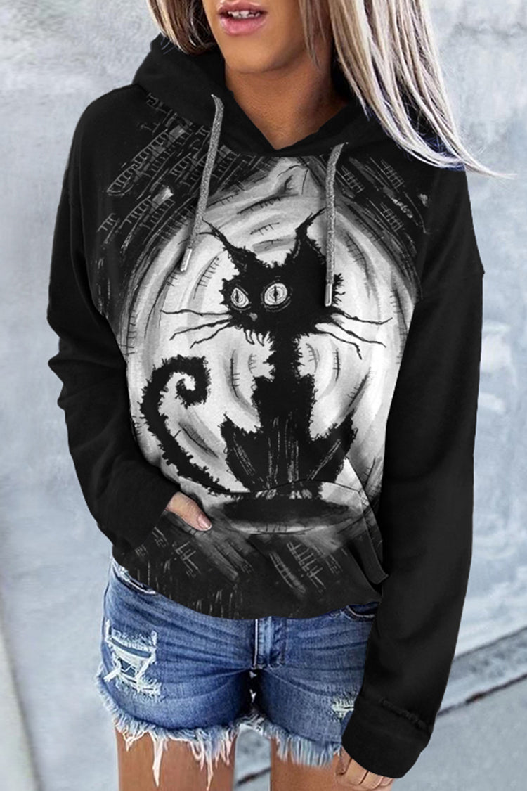 Casual Cat Print Long Sleeve Hoodie