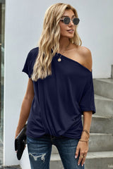 Women's Blue Off-The-Shoulder Slash Neck Casual Loose Fitting Top