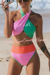 Summer Brights Ribbed Color Block Cross Halter Neck High Rise Bikini Swimsuit