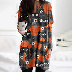 Pumpkin Cat Print Crew Neck Long Sleeve Casual Tunic