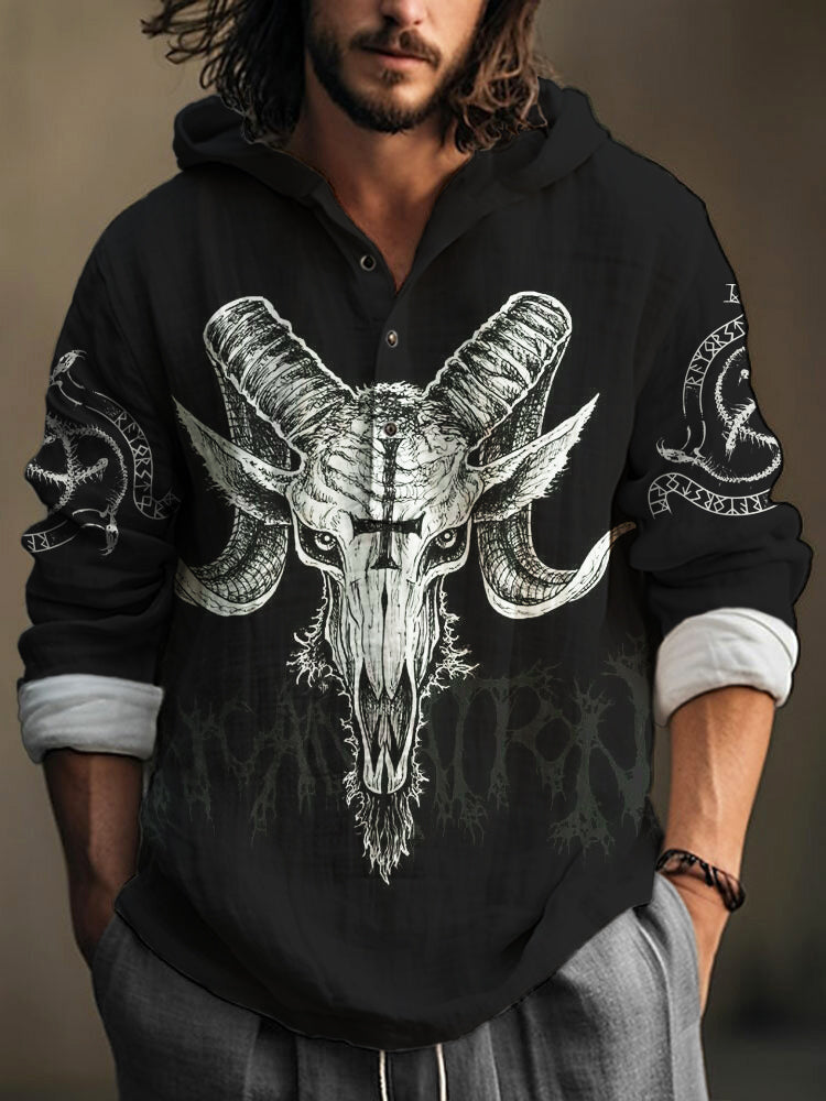 Devil's Goat Viking Black Metal Art Linen Men's Hooded Shirt
