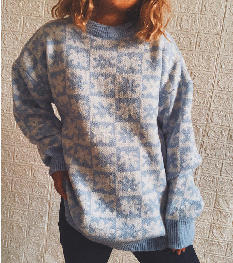 Casual Floral Plaid Round Collar Long Sleeve Loose Knit Sweater