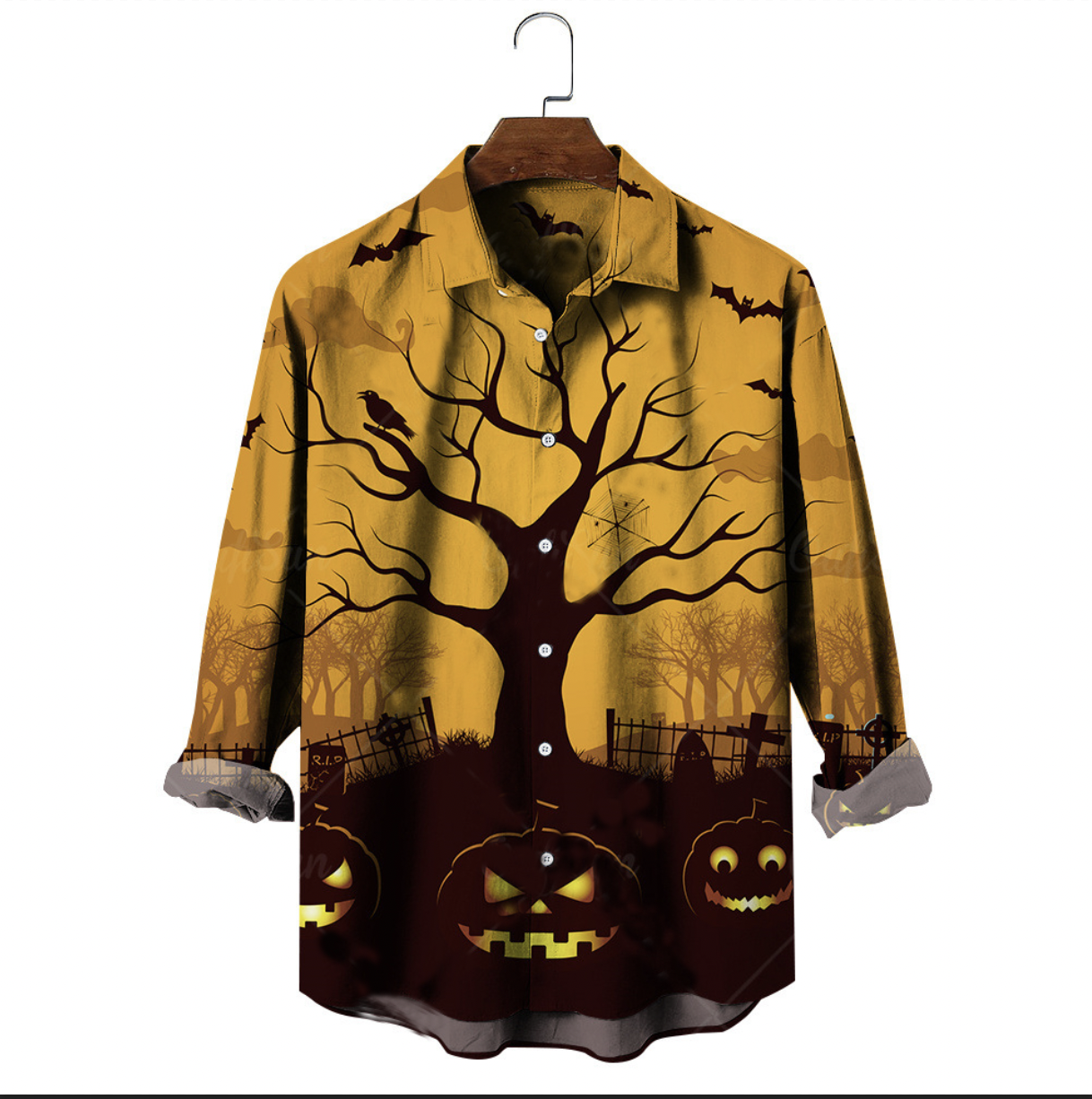 Men's Halloween Jack-o-lantern Print Casual Long Sleeve Shirt