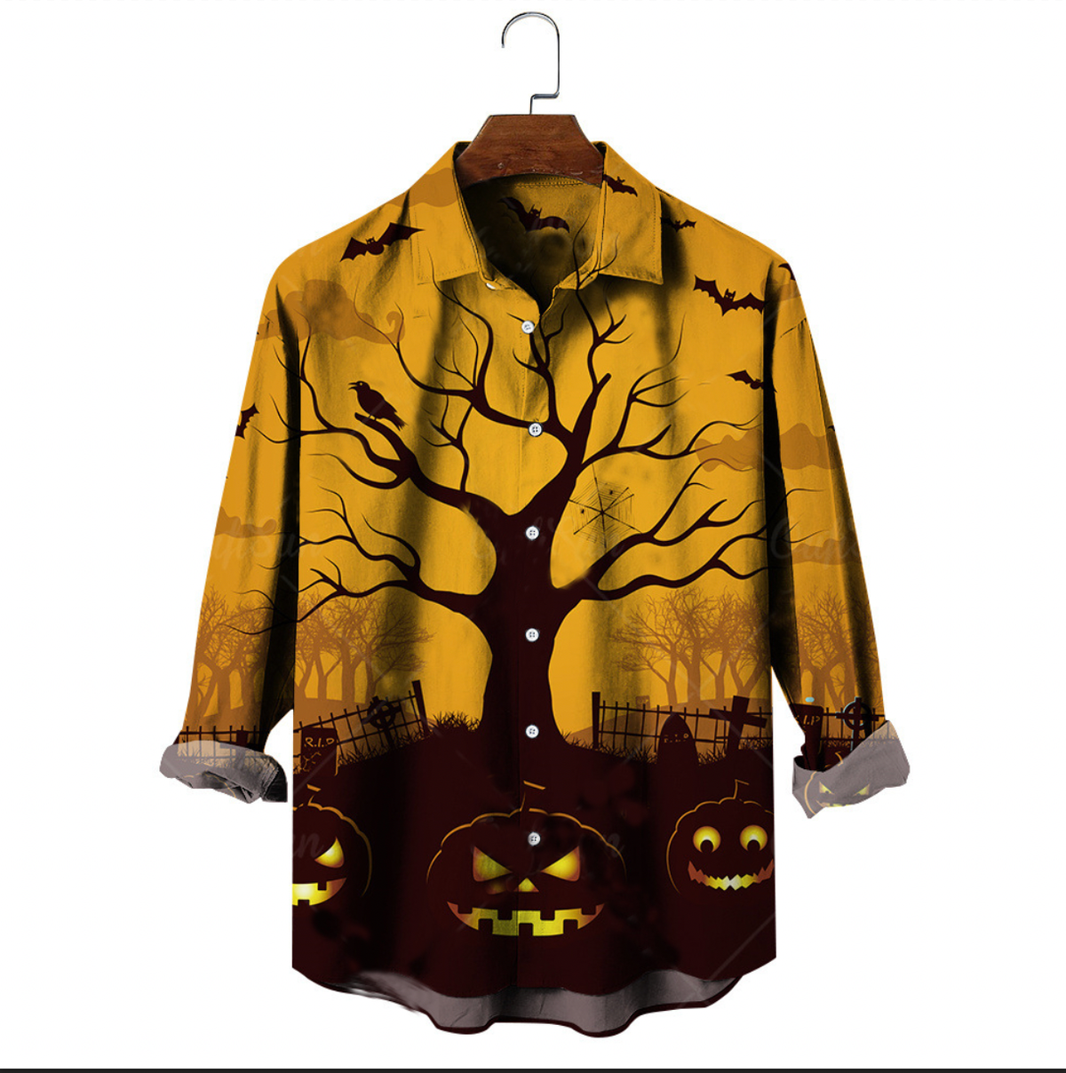 Men's Halloween Jack-o-lantern Print Casual Long Sleeve Shirt