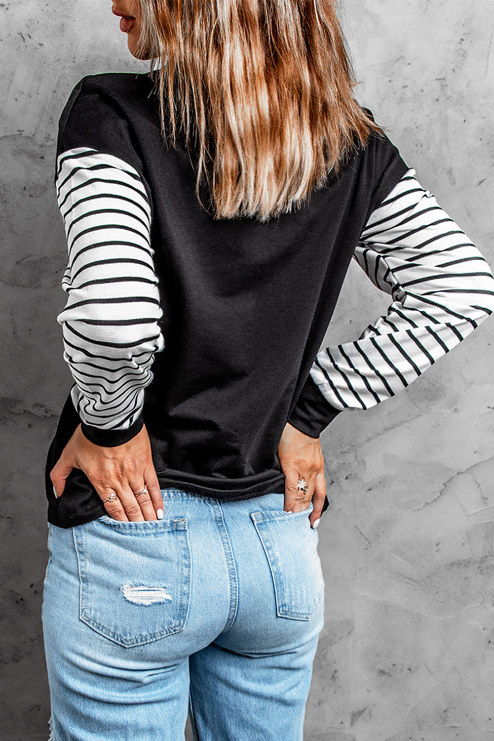 Women's Black Striped Star Long Sleeve Top