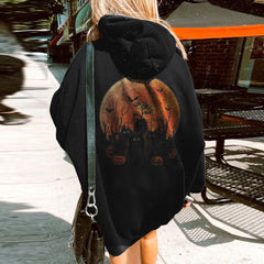 Halloween Cat Print Long Sleeve Hoodie
