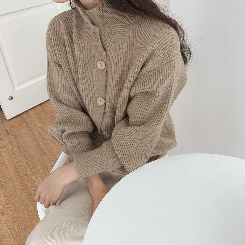 High-Necked Thick Loose Western-Style Knitted Cardigan