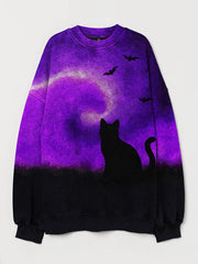 Halloween Black Cat Silhouette Contrast Washed Sweatshirt