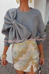 Solid Color Round Neck Long Sleeve Bow Loose Sweatshirts