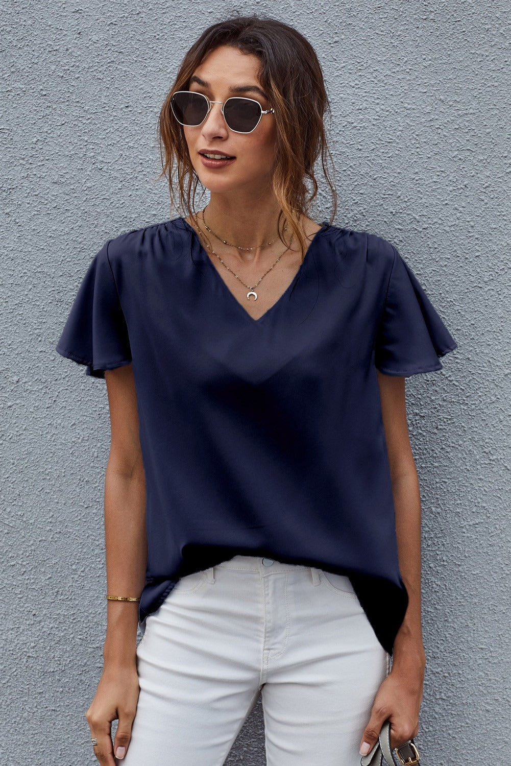 Women's Dark Blue V Neck Short Sleeve Tee