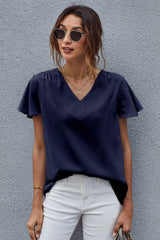 Women's Dark Blue V Neck Short Sleeve Tee