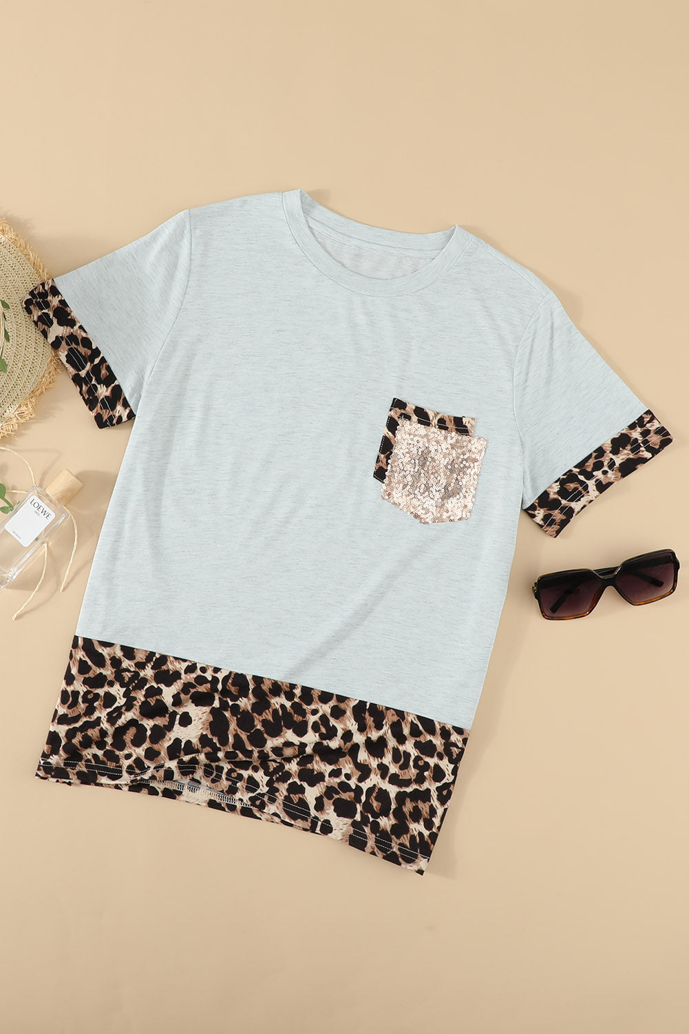 Women's Gray Sequins Accent Leopard Splicing Short Sleeve Casual Tee